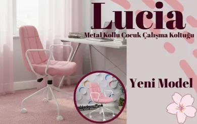 Lucia Beyaz Metal Kollu Çocuk Çalışma Koltuğu (Pembe Lakos Kumaş)