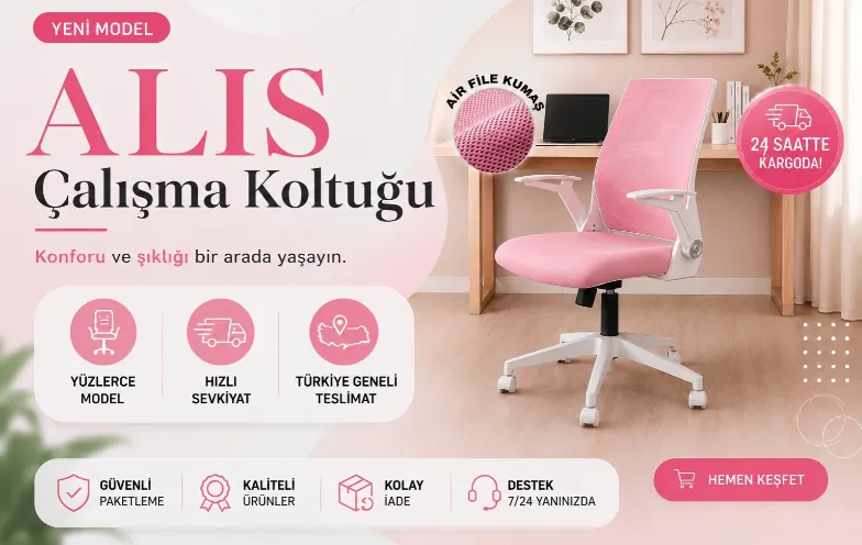 Alis Beyaz Plastik Ayaklı Hareketli Kollu Çalışma Koltuğu Ve Ofis Koltuğu ( Pembe File Kumaş)